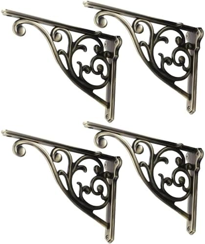 Shelf Brackets 6 Inch 4 Pack Heavy Duty Brushed Antique Brass Wall Bracket Victorian Kitchen Decorative Rack Shelves, Sh