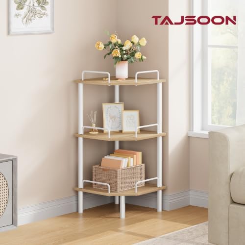 Tajsoon 3 Tier Corner Shelf Stand, Small Corner Table, Natural & White