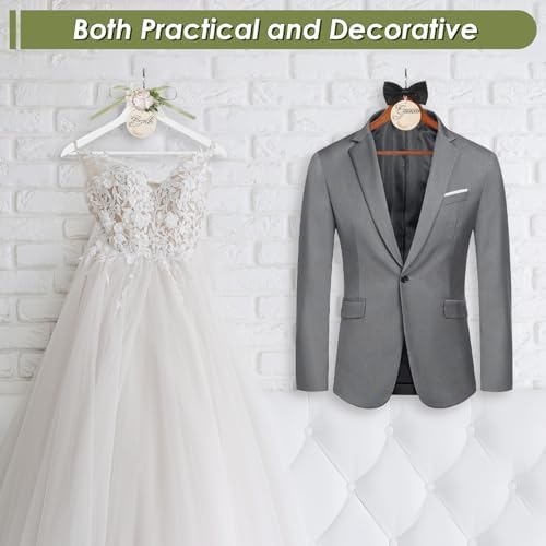 Bride & Groom Hanger with Personalized Name Tags, 2 Pack Dark Wood & White Wood Bridal Dress Hanger for Wedding Day Phot