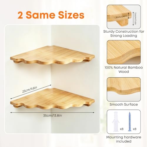 Fantasyon Corner Floating Shelf Wall Mount, Set of 2 Floating Corner Shelves, Bamboo Wood Corner Hanging Shelves with Co
