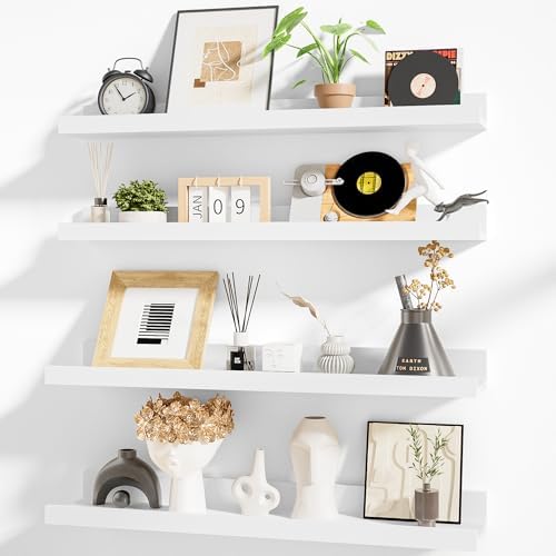 Heimlove Picture Ledge Shelf,24 inch Long Floating Shelves for Wall Set of 4,White Picture Shelf with Lip for Wall Decor