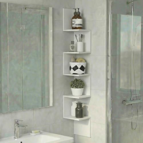 Furinno Rossi Corner Floating Shelves for Wall, 5-Tier Corner Square Wall Shelf, S-Shape Radial Floating Book Shelf, Eas
