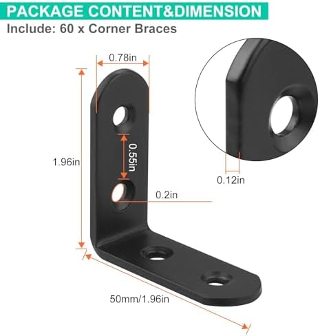 60Pcs Black Corner Bracket, 2”x2” Heavy Duty Black Corner Brace, 3MM Thickness Metal Angle Brackets for Wood, 90 Degree 