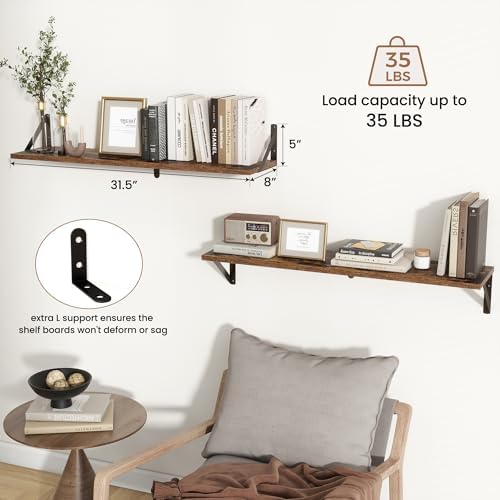 Axeman 32 Inch Floating Shelves, 8 Inch Deep Brown Wall Shelves Set of 2