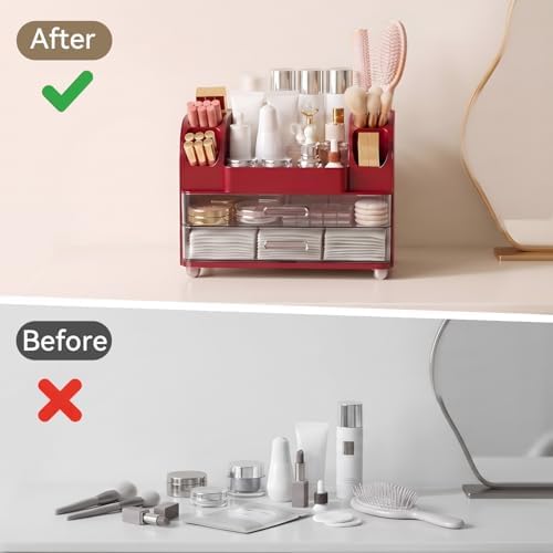 Makeup Organizer for Vanity with 2 Large Drawers and 6 Brush Holders, Red