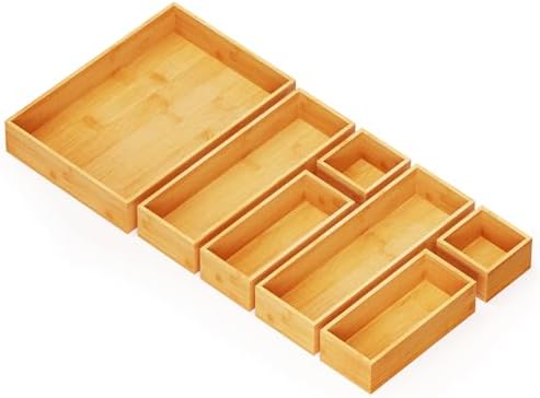 SpaceAid 7-Piece Bamboo Drawer Organizer Storage Boxes Set, Wood Tray Junk Drawer Organizers Multi-Use Divider Bins for Kitchen, Bathroom, Office Desk and Makeup Organization (7 Pack, Natural)