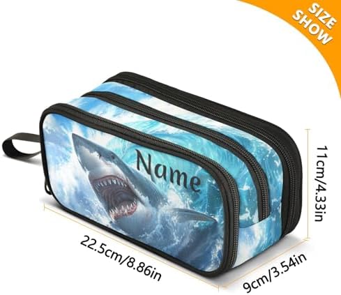 Custom Shark Blue Ocean Wave Pencil Case Box Boys Girls Personalized Name Large Pencil Pouch Stationery Pen Bag Organizer for Kids Adults School Office