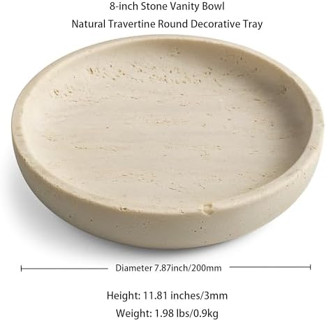 Natural Travertine Round Decorative Tray - 8-inch Beige Stone Vanity Bowl, Anti-Slip Organizer Plate for Bathroom, Kitch