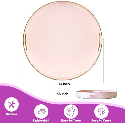 Gifturbo Matte Pink Decorative Serving Tray,Round Serving Trays with Handles, Coffee Table Tray Ottoman Round Plastic Tr