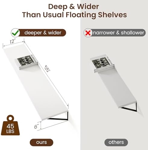 Axeman Floating Shelves for Wall White - 55 Inch Wide x 12 Inch Deep Wall Shelves Set of 2 - White Deep Wood Floating Sh