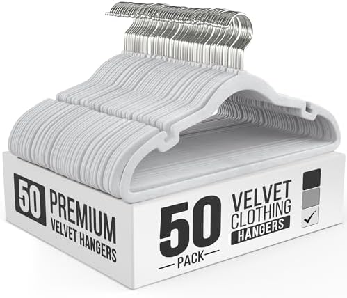 Our Modern Space 50 Pack Velvet Hanger for Shirt Pants Dresses Skirts Suits Jackets - Slim Space Saving Design - Standard Coat Hanger - Sturdy & Durable Design with Shoulder Grooves Hook
