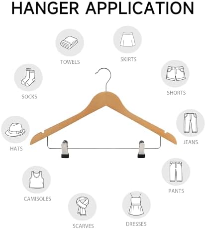 Wooden Hangers with Adjustable Metal Clips, 72-Pack, Natural