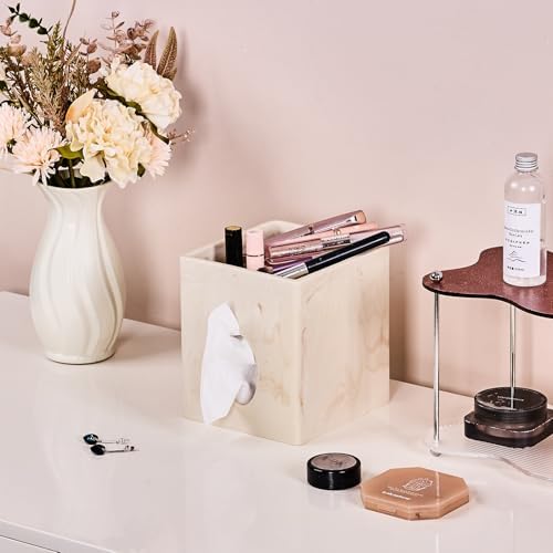 Beige Marble Look Square Tissue Box Cover with Storage Tray for Bathroom