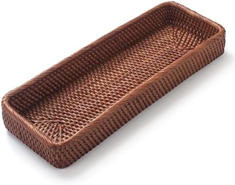 Rattan Bathroom Vanity Trays Toilet Tank Baskets Long Narrow Hand Towel Storage Basket for Storage, Decorative (Honey Br