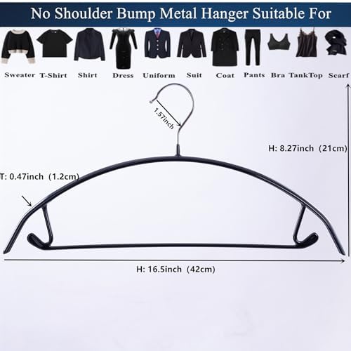 16.5 Inch Black No Shoulder Bumps No Mark Non-Slip Rubber Coated Contour Meta Hanger for Sweater T-Shirt Suit Coat Uniform with Pants Bar Pack of 20