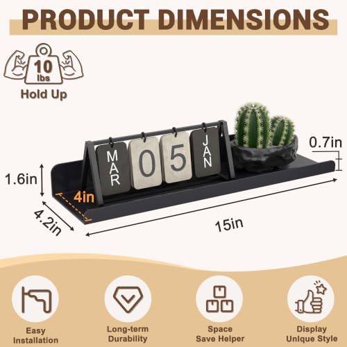 Qukaka 15" Floating Shelves for Wall, 3 Pack Pure Black Display Ledges