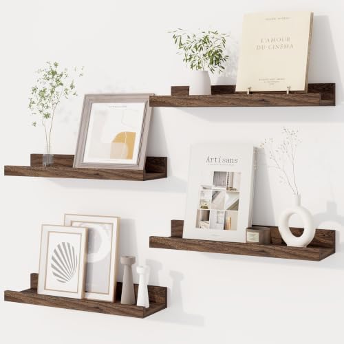 Dreamland Picture Ledge Shelf for Wall, Floating Shelves Set of 4,16 inch Long Floating Shelves with Lip for Living Room,Bedroom,Bathroom,Kitchen,Walnut