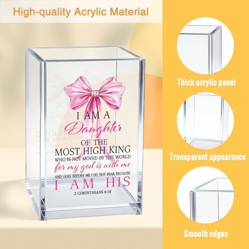 I Am A Daughter of The Most High King Acrylic Cosmetic Pencil Pen Holder Cup, Bible Verse Christian Gifts for Daughter Mom Sister BFF Aunt Women, Inspirational Graduation Birthday Gifts for Girl