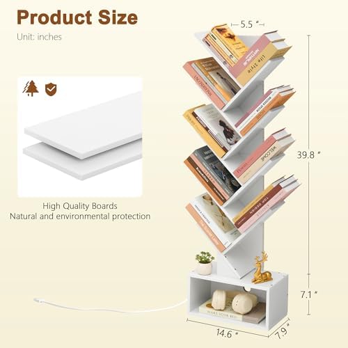 Hoctieon 9 Tier Tree Bookshelf, Tall Bookcase, Freestanding Book Shelf with LED Lights, Display Floor Standing Storage S