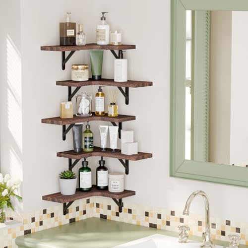 Fixwal Conner Shelves Wall Mounted for Decor, Walnut Brown Set of 5
