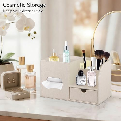 PU Leather Tissue Box Cover Square with Drawer Storage and Tray on Top