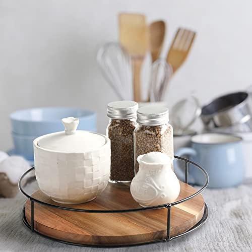[ 2 Pack ] 9" & 10" Acacia Wood Lazy Susan Organizers with Steel Sides