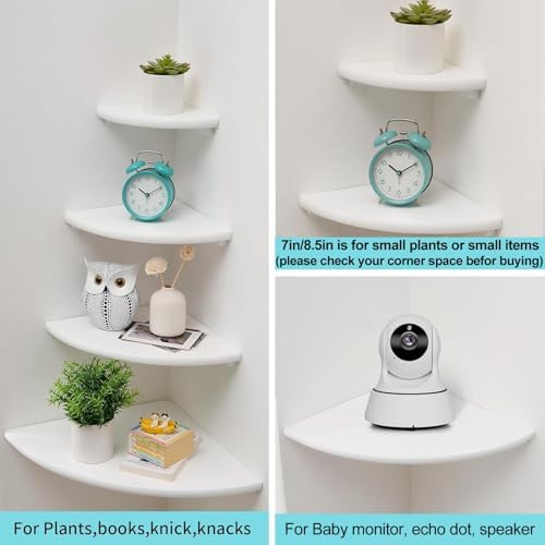 Corner Shelf, White Floating Corner Shelf, Set of 2 7inch Solid Oak Wood Corner Wall Shelves, Round End Wall Mount Displ