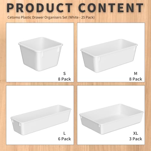 Cetomo 25 Pcs Drawer Organiser Set, Plastic Storage Drawer Organizer, Drawer Dividers, Adjustable and Expandable, Container Tray for Kitchen Utensils, Cosmetic, Makeup, Gadgets, White, 4 Size-25 Pack