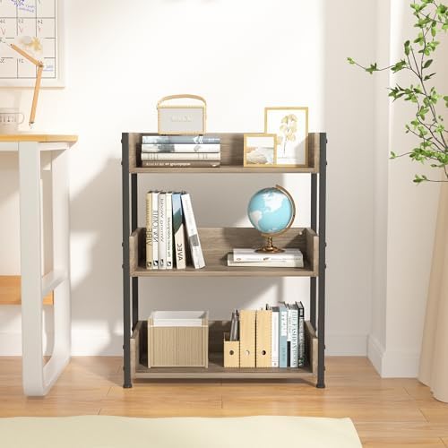 VECELO Bookshelf, 30" H Small Bookcase,3-Tier Storage Organizer,Wood Bookcase with Steel Frame,Shelving Unit for Living 