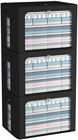 CYhom 3Pack Foldable Storage Bins - Frame Storage Box Linen Fabric Stackable Clothes Container Organizer with Clear Wind