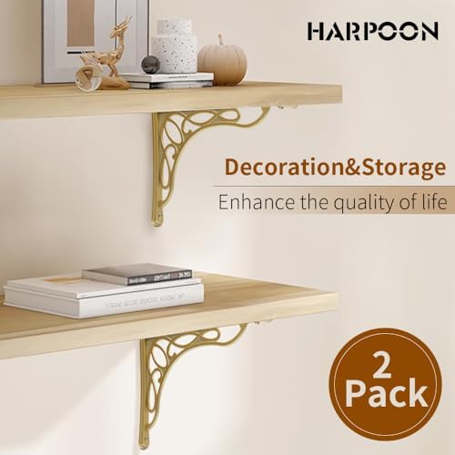 Wall Shelf Bracket, Heavy Duty and Hardware Included, 2 Pack, Brushed Gold Finish 9.5" X 7.5" Inch