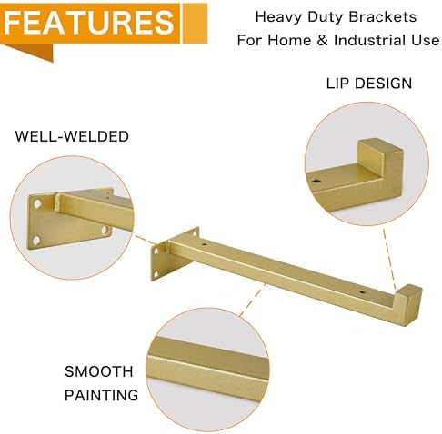 EZYDECOR 6Pcs Heavy Duty Shelf Brackets with Lip Gold 12"/300mm