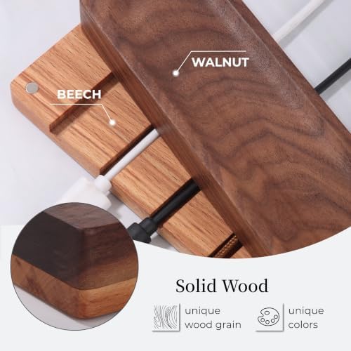 Magnetic Cord Holder with 6 Slots - Walnut & Beech Wood Cable Organizer for Lightning, USB, USB-C, Stick-on Design for D