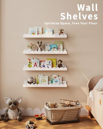 Shario Nursery Book Shelves, 8-Pack White Floating Shelves for Wall Kids, Scalloped Shelves, Wall Book Shelves for Bedro