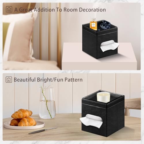 PU Leather Square Tissue Box Cover with Storage Tray - Decorative Organizer for Bathroom Vanity, Night Stands, Office De