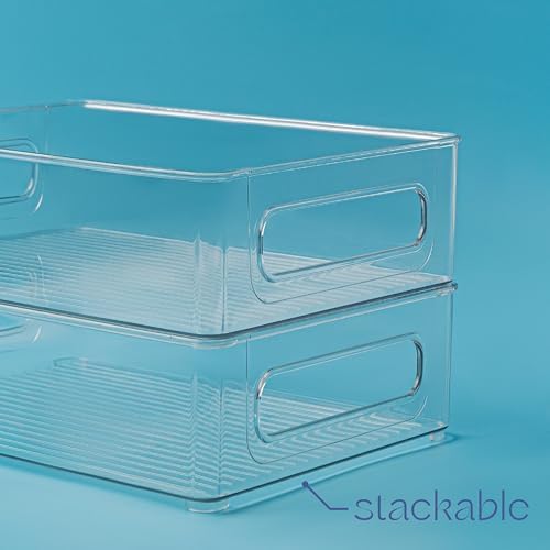 Plastic Food Storage 4 Pack Clear Container Bin with Handles for Organizing Kitchen, Pantry, Refrigerator, Freezer, Pant