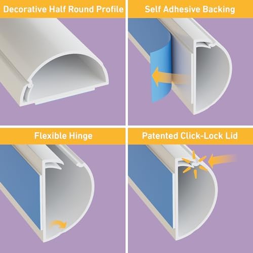 D-Line Half Round Cord Hider, Patented Cable Cover, Hide TV Wall Mount Wires, Raceway for Cords, Decorative Wire Covers,