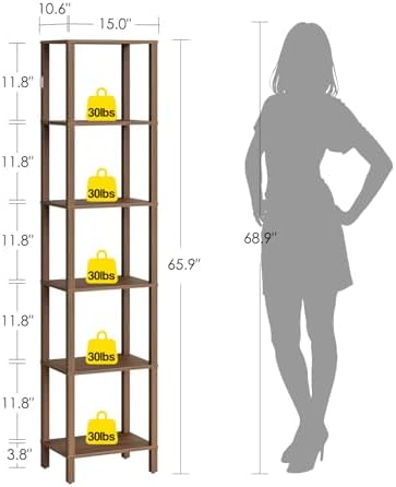 Open Book Shelf, 6 Tier Tall Bookshelf, Freestanding Shelf Narrow Bookcase with Open Shelves, 14.57" x 10.63" x 65.83", 