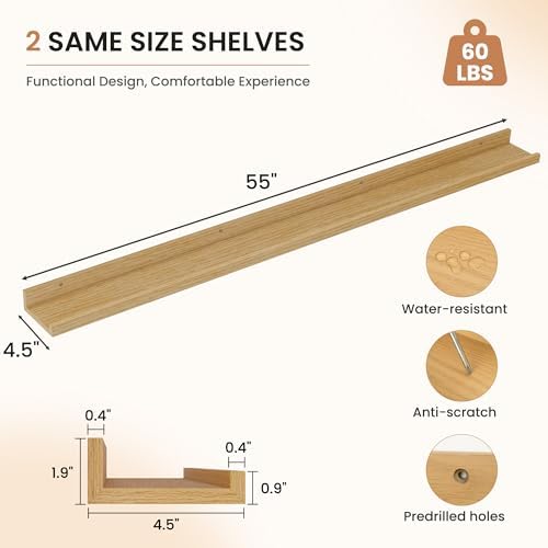 Dreamland Picture Ledge Shelf for Wall, Floating Shelves Set of 2,55 inch Long Floating Shelves with Lip for Living Room,Bedroom,Bathroom,Kitchen,Oak