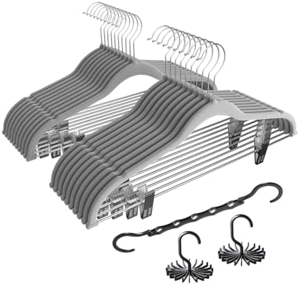 VECELO Premium Velvet Clothes Hangers Suit with Metal Clips (20 Pack)-Non Slip & Space-Saving with 1 Magic Hangers & 2 Tie Rack Excellent for Men and Women