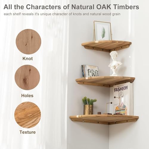 Corner Shelves, Floating Corner Shelf, Set of 2 Solid Oak Wood Wall Shelves, Round End Wall Mount with Wire Hole Shelvin