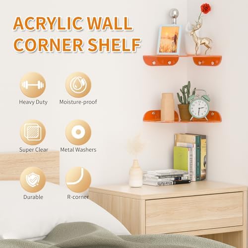 Sezanrpt 9.5x9.5 Inch Acrylic Corner Floating Shelf Set of 2, Orange Corner Wall Shelf for Home Décor, Speakers, Securit