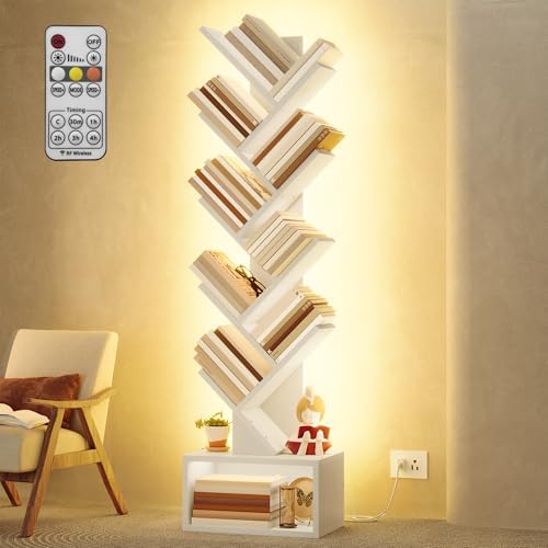 Hoctieon 9 Tier Tree Bookshelf, Tall Bookcase, Freestanding Book Shelf with LED Lights, Display Floor Standing Storage S