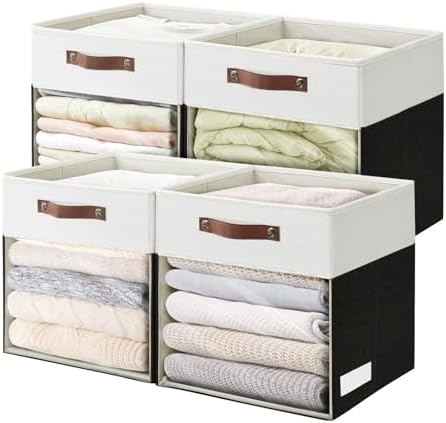 Bagnizer Storage Cubes, 4 Pack Linen Foldable Storage Bins (13 x 13 inch) with Clear Window and Handles, Fabric Organizer for Shelf Closet, Clothes, Books - (Black and White)
