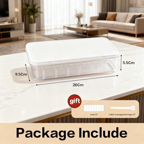 Cable Organizer Box with 7 Wire Ties, 1 Pack Desktop Cord Management Storage Case with Lid, 7 Compartments for Chargers 