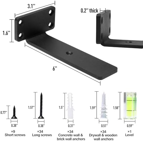 HITOMEN Heavy Duty Floating Shelf Brackets, 6-Inch (1/5'' Thick) Hidden Shelves Hardware, Iron L Brackets, Rustic Indust