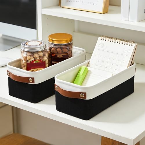 Bagnizer Small Fabric Storage Baskets, 15x6x5 inch Narrow Storage Bins 4-Pack Long Storage Basket for Organizing with Ha