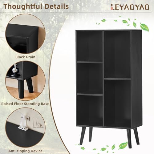 LEYAOYAO 5 Cube Bookshelf, Mid-Century Modern Book Shelf with Legs, Black