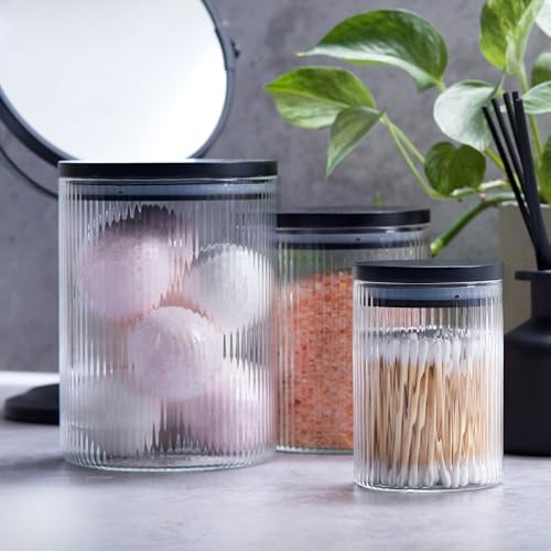 Mason & Fable 3x Ribbed Glass Bathroom Jars with Airtight Black Bamboo Lids | Cotton Pad/Buds/Q tip Holder | Bath Salt/S