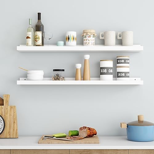 FLYJOE Picture Ledge Shelf for Wall, 36 inch Solid Ash Wood Nursery Book Shelves 2 Packs, Floating Shelves for Kids' Room Bedroom Bathroom Living Room Photo Frames Office Nursey Wall Decor, White